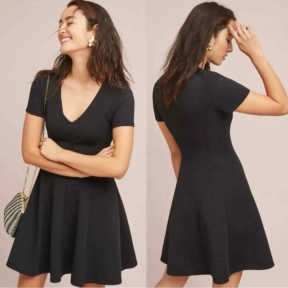 Anthropologie Hutch Vicki Fit & Flare Short Sleeve Ribbed Black Dress Size XS